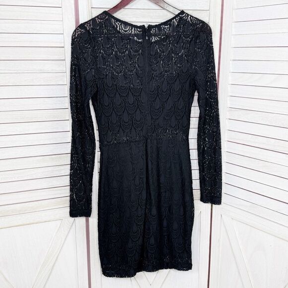 Bebe Lace Overlay Bandeau Pencil Dress Sheer Back Long Sleeve Black Medium - Picture 9 of 13